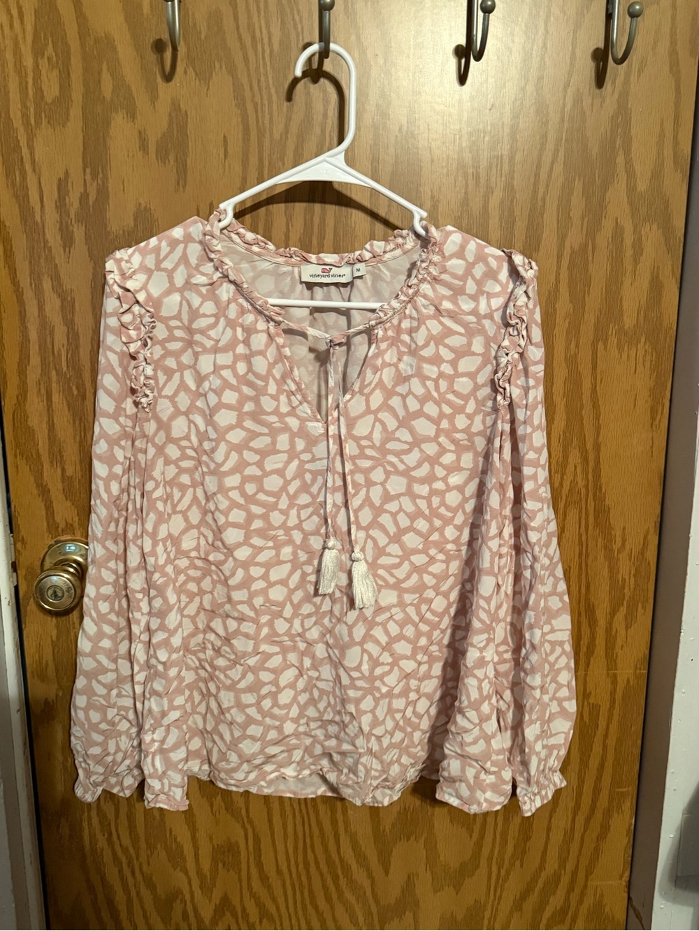 Vineyard Vines Blush Pink Patterned Tassel Tie Long Sleeve Blouse